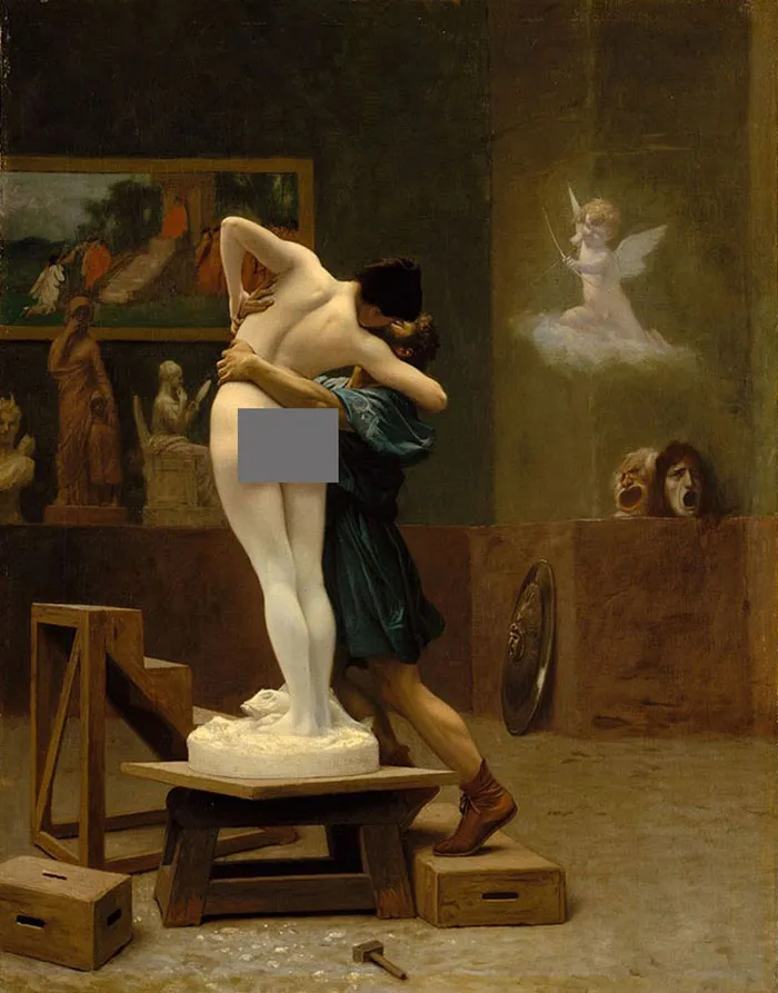 A classic painting depicting a sculptor passionately embracing a statue in his studio, illustrating famous art history.
