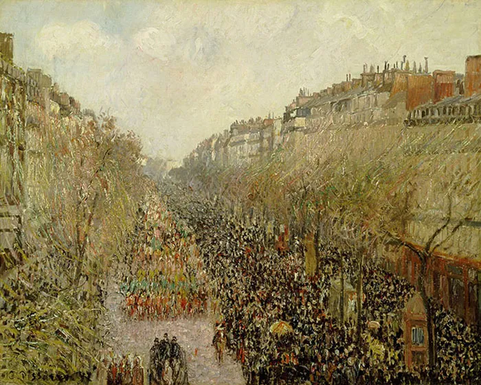 A famous painting depicting a bustling street scene with a crowd and buildings in the background, showcasing rich historical art.