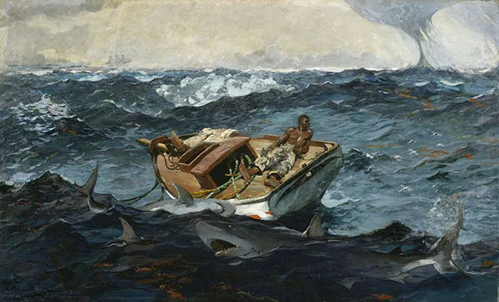 Man in a small boat surrounded by sharks, depicting a famous painting in art history.