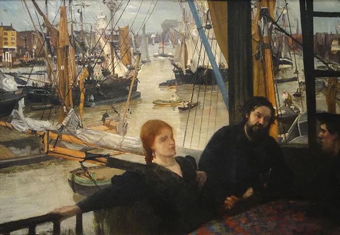 Painting depicting a waterfront scene with ships and people, highlighting one of the most famous paintings in art history.