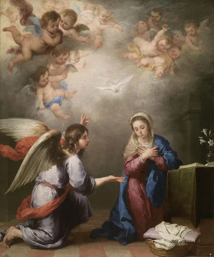 A famous painting depicting an angel and Mary with cherubs above, part of art history.