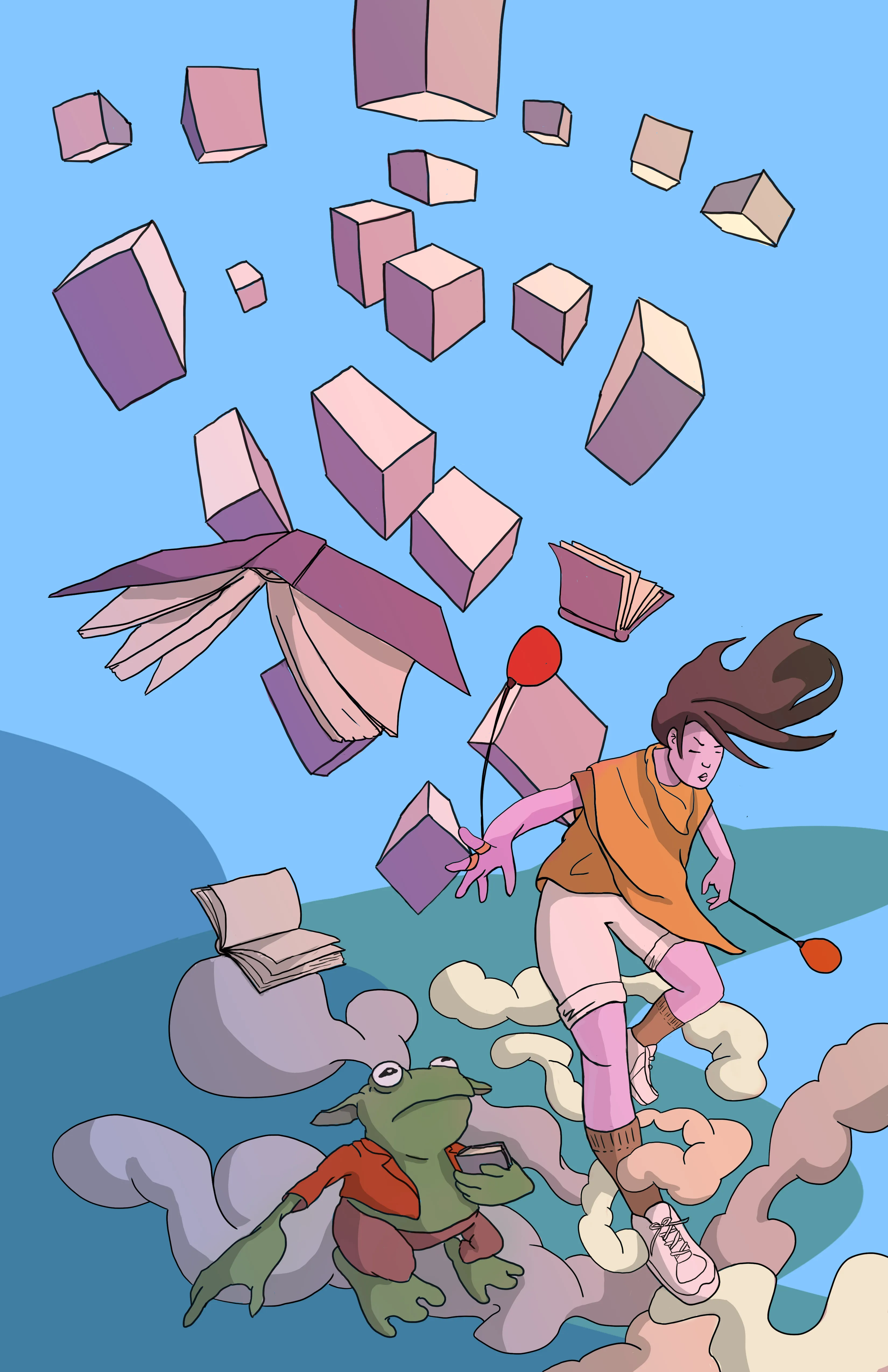 Books Flying And A Funky Frog