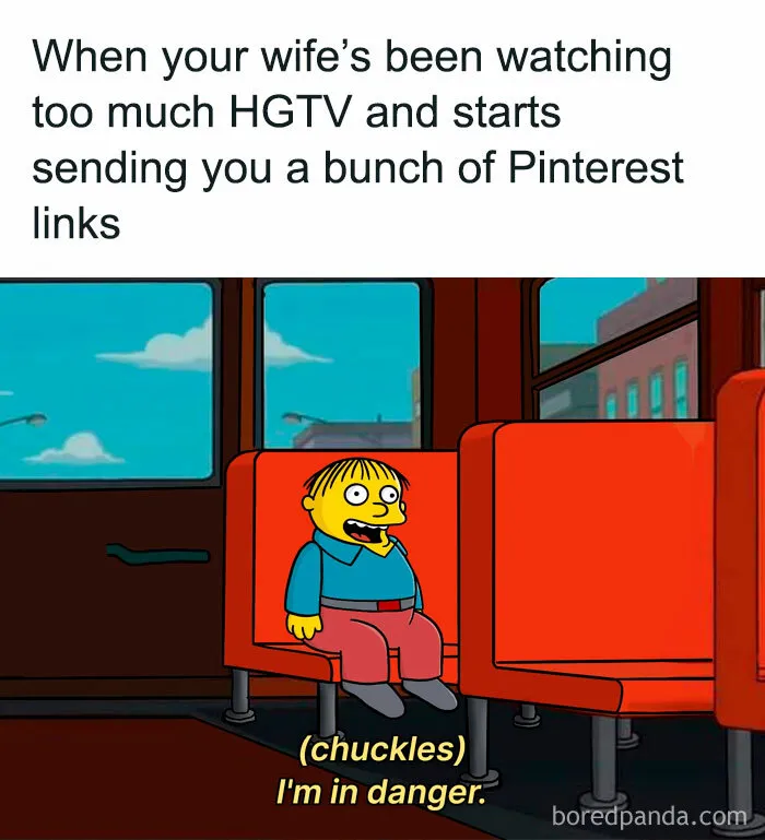Meme about owning a home: a cartoon character looks worried, captioned with a humorous situation about HGTV and Pinterest.