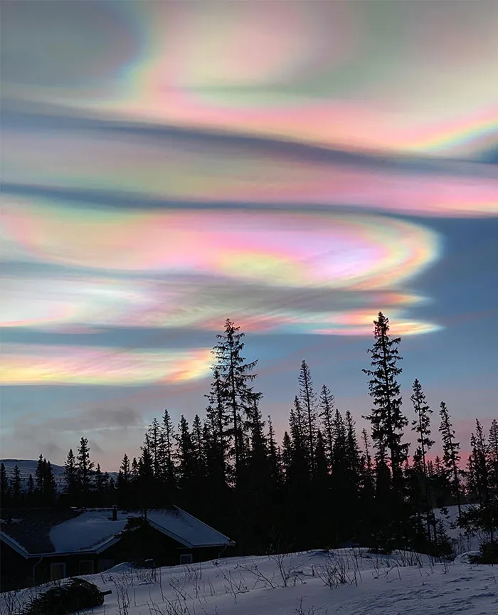Rare Phenomenon Called Nacreous Clouds. They Are Formed High Up In The Atmosphere, At An Altitude Of 30 Kilometers. The Picture Is Taken In Jamtland, Sweden
