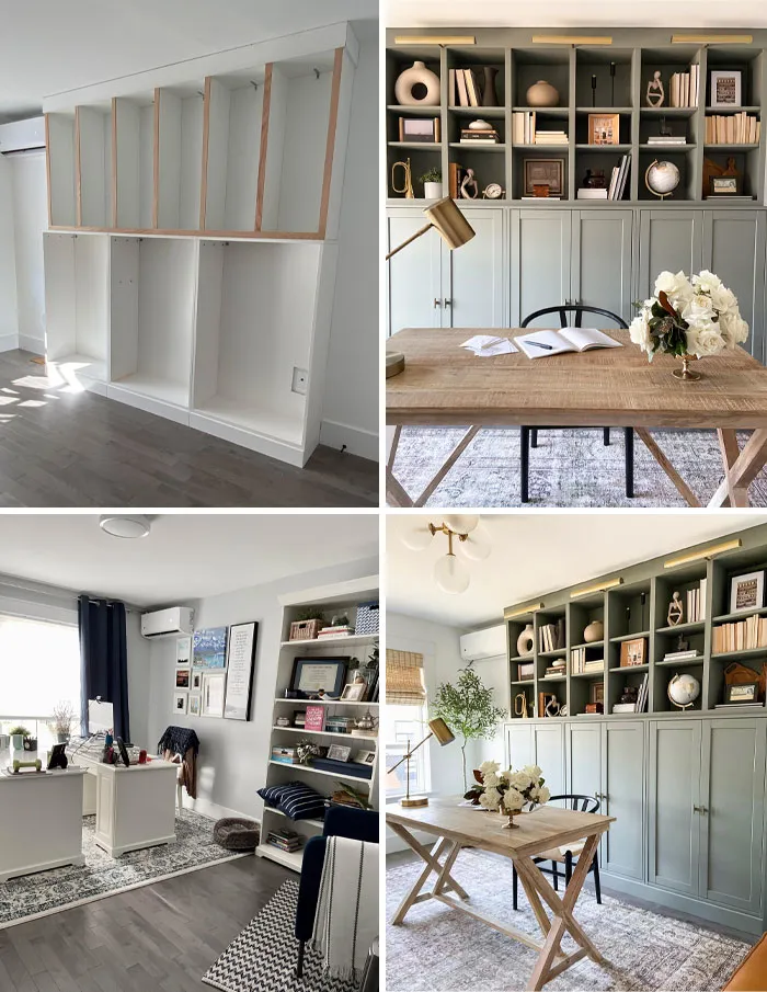 Before and after photos showcase stunning home renovations of a living room office with custom built-in shelves.