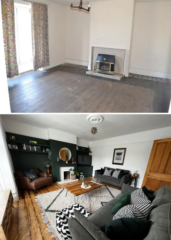 Before and after home renovations of a living room, featuring a dramatic dark green wall and new furniture.