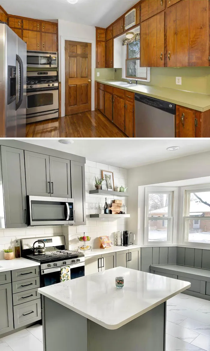 Before and after home renovations showing a dated kitchen with wooden cabinets transformed into a gray, modern kitchen.