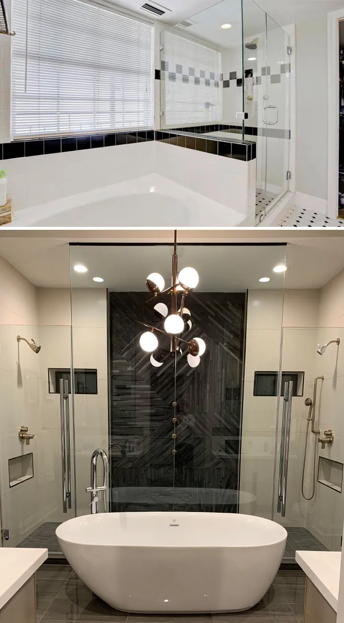 Before and after home renovations of a bathroom, showcasing a sleek, modern update with a freestanding tub and glass showers.