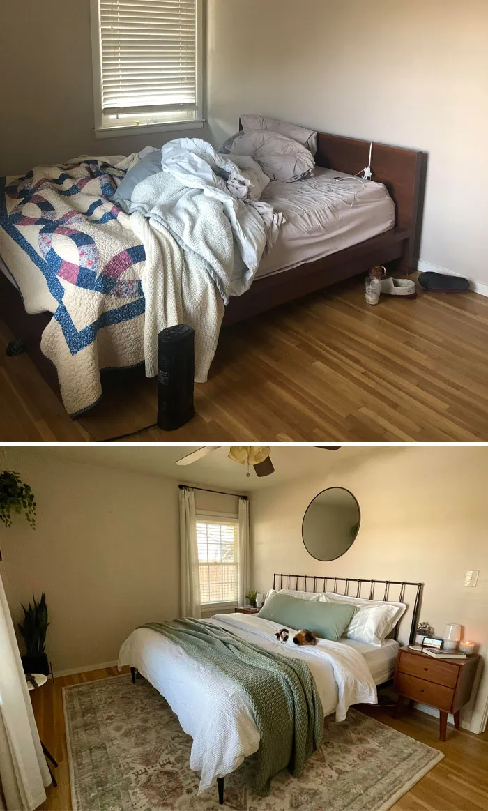 Before and after home renovations of a cluttered bedroom becoming a minimalist, calming sanctuary with a new bed and decor.