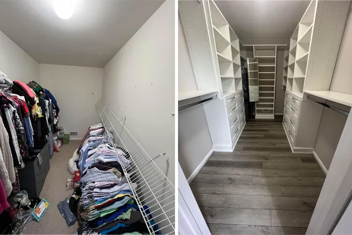 Before and after home renovations of a messy closet transformed into a tidy, organized space with shelving and drawers.