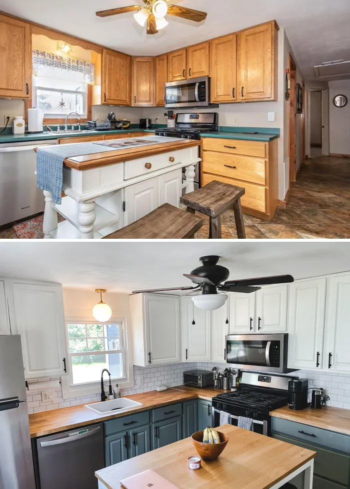 Before and after home renovations of a kitchen, updated with new cabinets, counters, and a modern island.