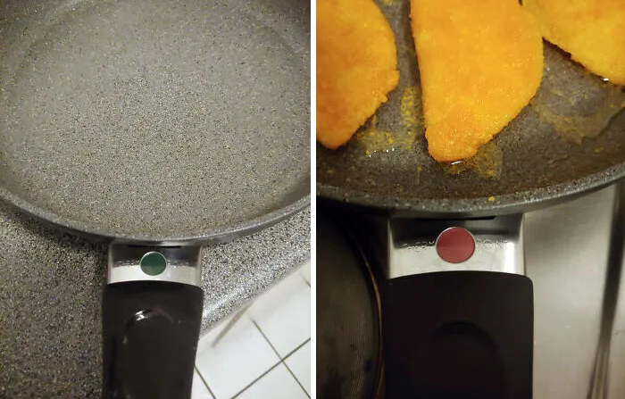 Esta sartén tiene un termómetro que indica cuando está caliente