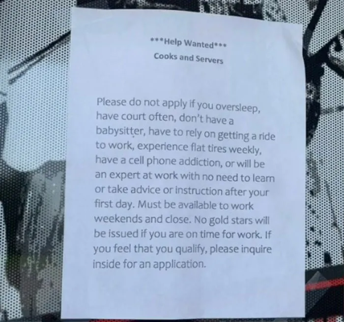 Delusional Job Flyer Blames 'Lazy Workers' For 50% Price Increase, Inspires This TikToker To Share 19 Ridiculous Job Signs