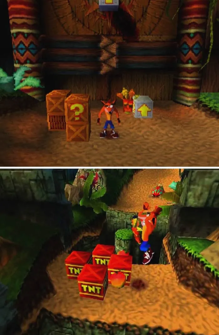 Retro video game character navigating jungle levels with wooden crates and TNT boxes in a nostalgic setting.