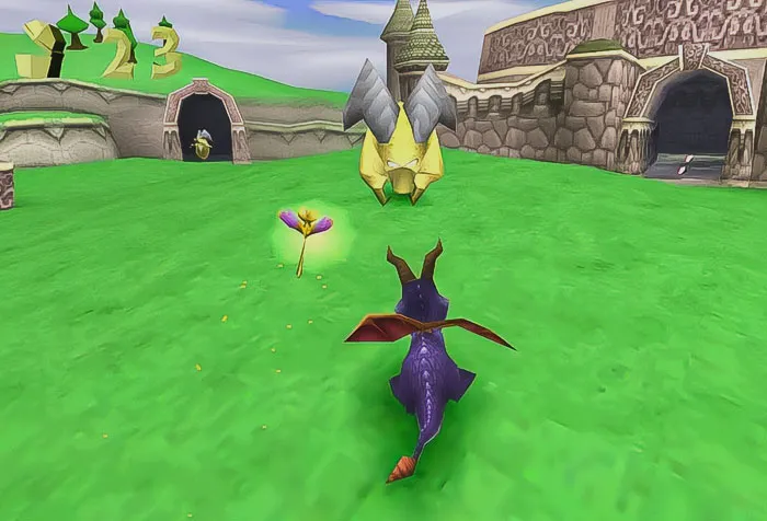 A purple dragon navigates a vibrant green landscape in a classic retro video game scene, evoking nostalgia.