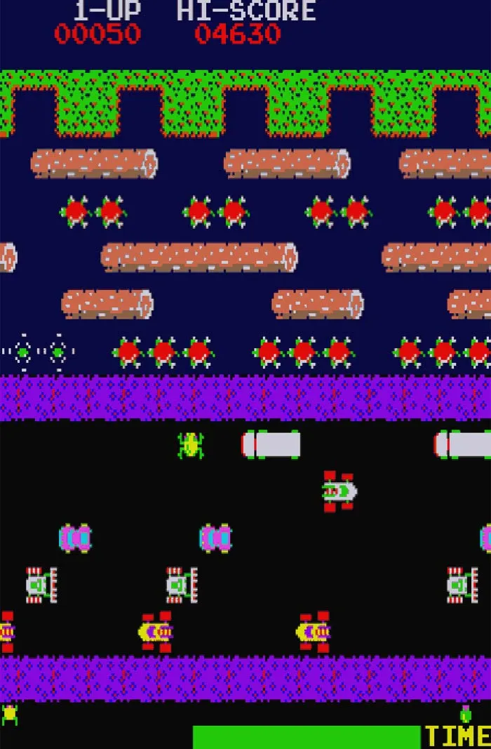 Retro video game screen featuring a frog crossing a busy road with cars and logs in a pixelated style.