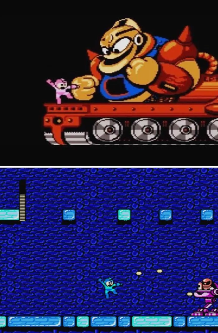Retro video games featuring pixelated characters in action-packed boss battles on classic 8-bit game backgrounds.