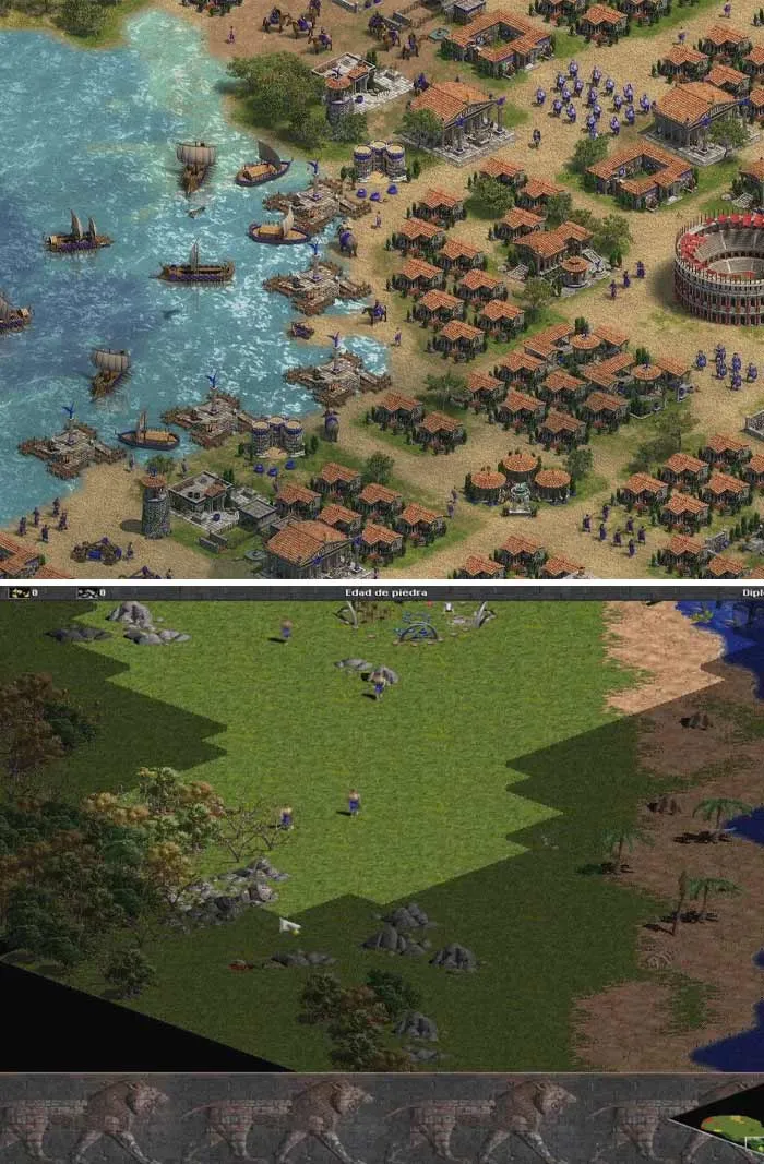 Top-down view of units, buildings, and ships in a classic retro video game with strategic gameplay elements.