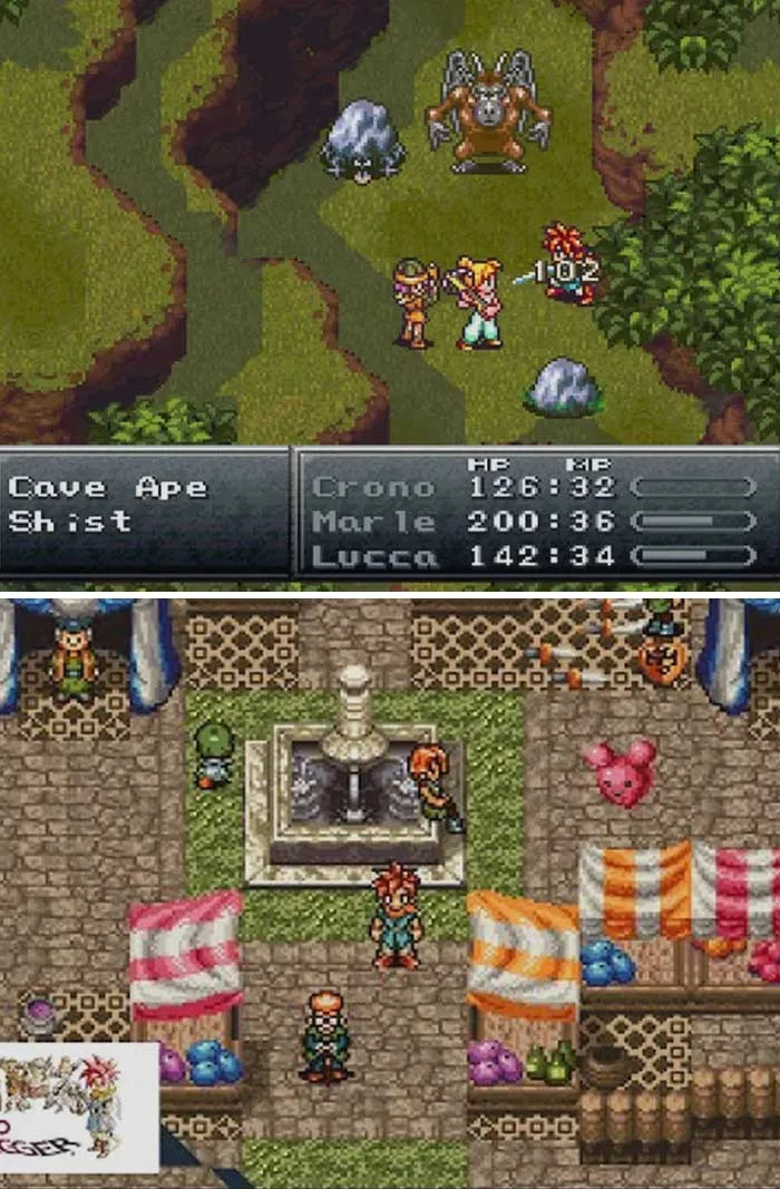 Retro video games featuring classic pixel art and turn-based battles in vibrant fantasy settings.