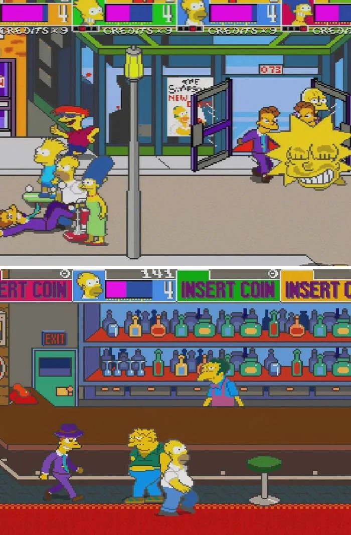 Retro video game scene featuring pixelated characters from a classic arcade beat 'em up with colorful backgrounds.