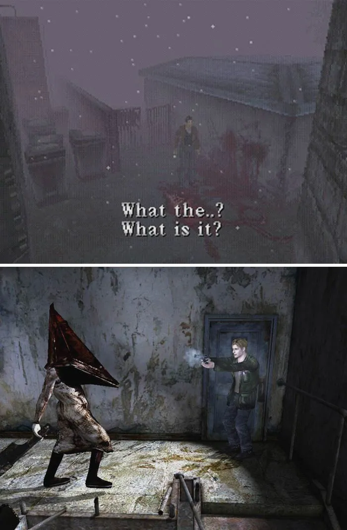 Retro video game scenes showing pixelated character and iconic monster in a dark, eerie environment from classic horror games.