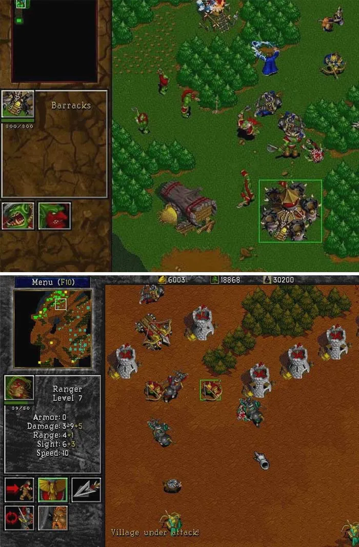 Retro video games gameplay screens showing classic strategy battles and pixel-art graphics from the good old days.
