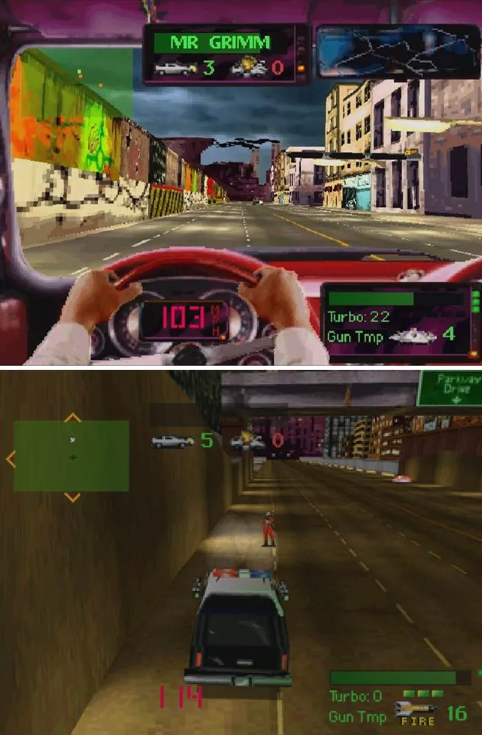 View from behind the wheel and third-person police car chase scenes in retro video games with pixelated cityscapes and HUD elements.