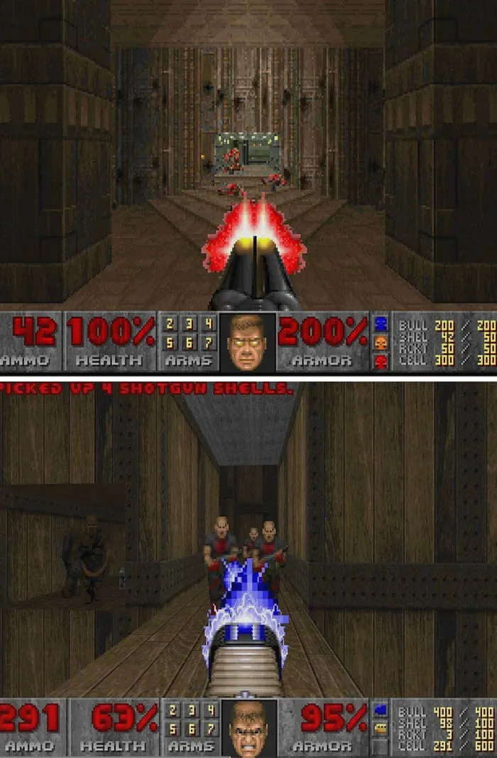 Retro video game scene with player shooting enemies in a dark corridor, showcasing nostalgic gameplay and graphics.