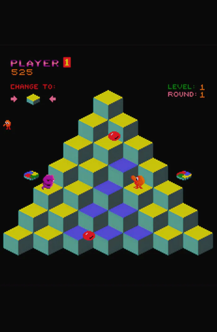 Retro video game featuring colorful 3D blocks and characters on a pyramid, displaying player score and level details.