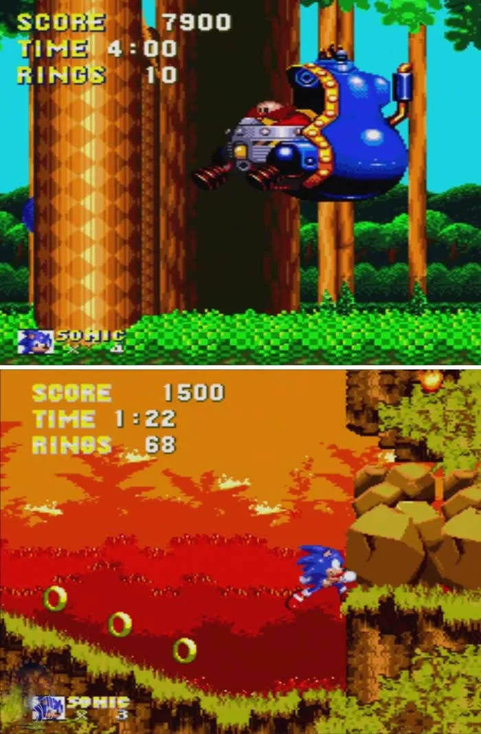 Screenshots of retro video games featuring Sonic the Hedgehog in forest and autumn-themed levels with score and ring counters.
