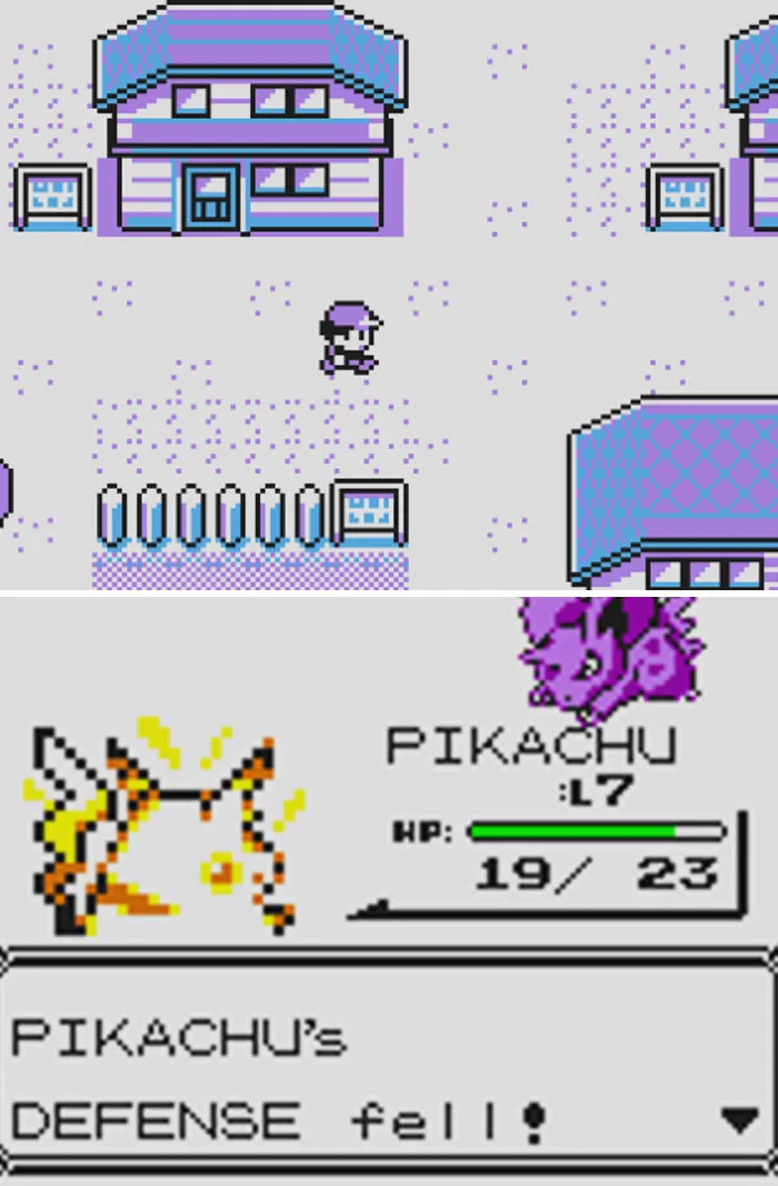 Retro video games screenshot showing pixelated town and classic Pokémon battle with Pikachu at level 7.