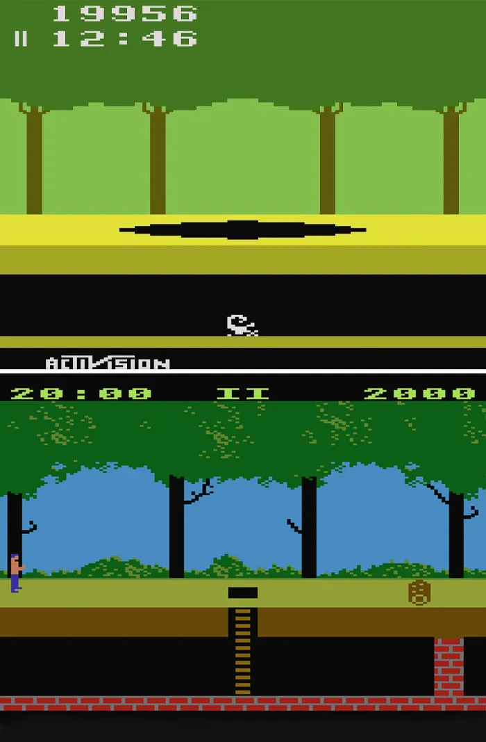 Retro video game scene with pixelated graphics, trees, a character in a jungle, and classic score display.