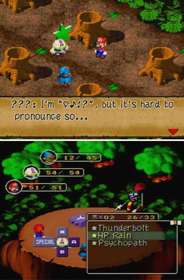 Retro video game characters interacting in a pixelated forest setting from classic RPG gameplay.