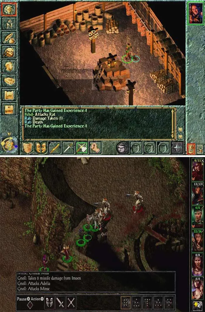Gameplay scenes from retro video games showcasing classic RPG interface and characters in detailed pixel art environments.