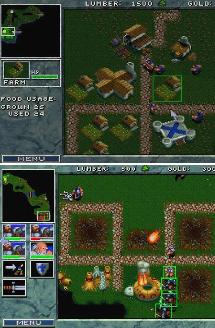 Retro video game featuring a medieval village setup with resources and character management.