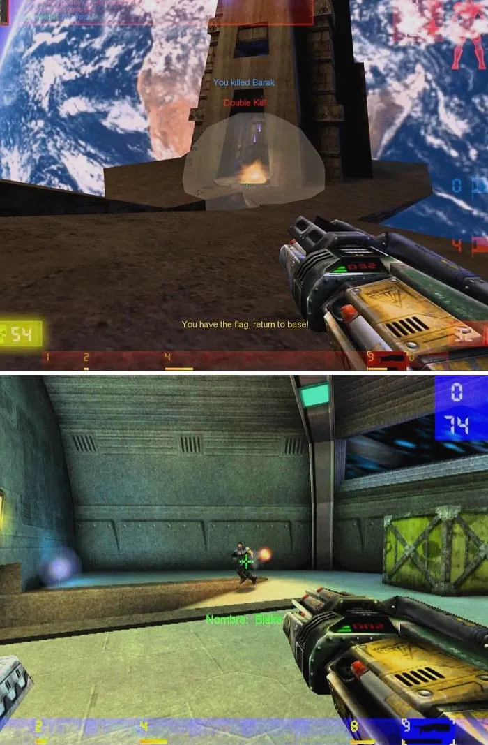 First-person shooter gameplay scenes from classic retro video games featuring futuristic weapons and space-themed environments.