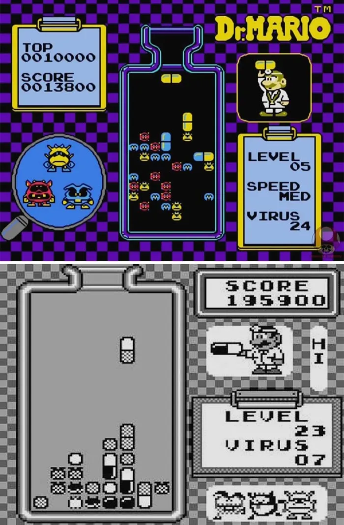 Retro video games Dr. Mario gameplay screenshots showing virus puzzles and classic pixel art style.