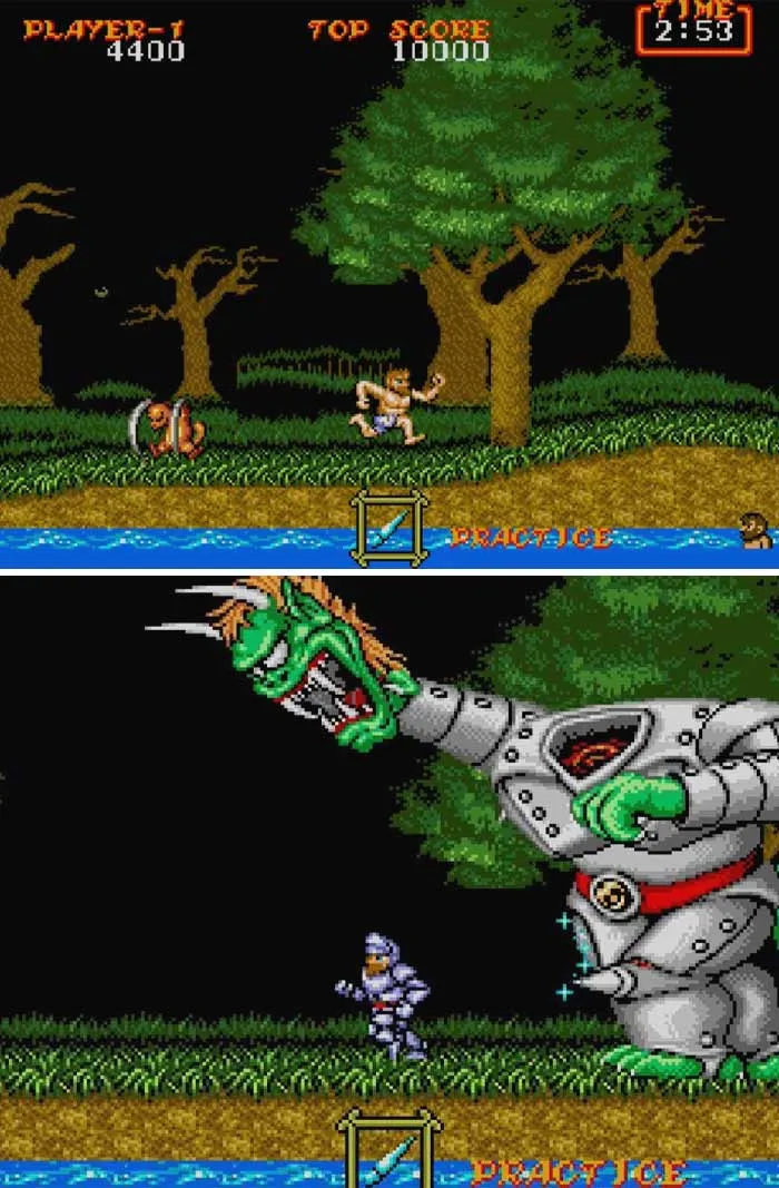 Retro video game screenshots showing pixel art characters and large boss characters in a forest setting.