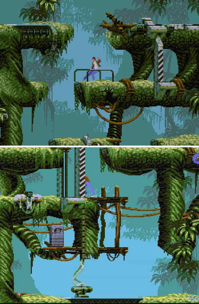 Pixelated retro video game jungle scene with platforms, ladders, and a character exploring the environment.
