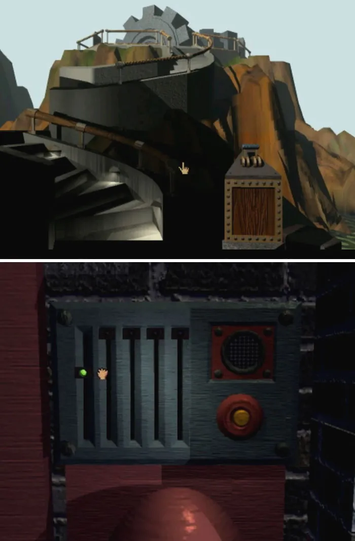 Retro video game graphics with a mechanical puzzle interface and mountain setting.