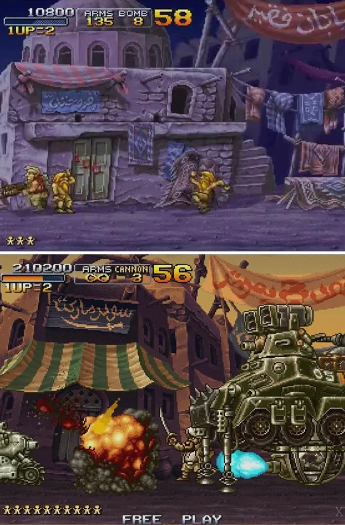 Retro video game screenshot with soldiers, explosions, and a tank in a vintage pixel art style environment.
