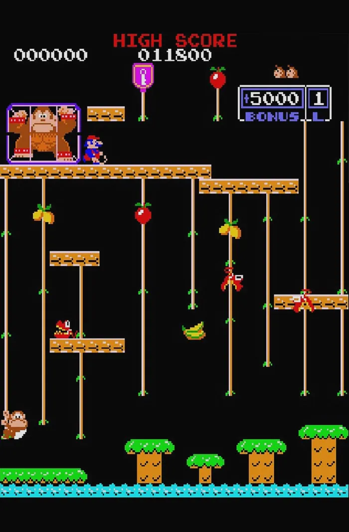 Retro video game Donkey Kong classic level with pixelated characters, platforms, and high score display on black background.