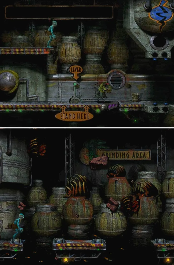Retro video game scene with a character navigating an industrial setting, featuring a lever and grinding area.