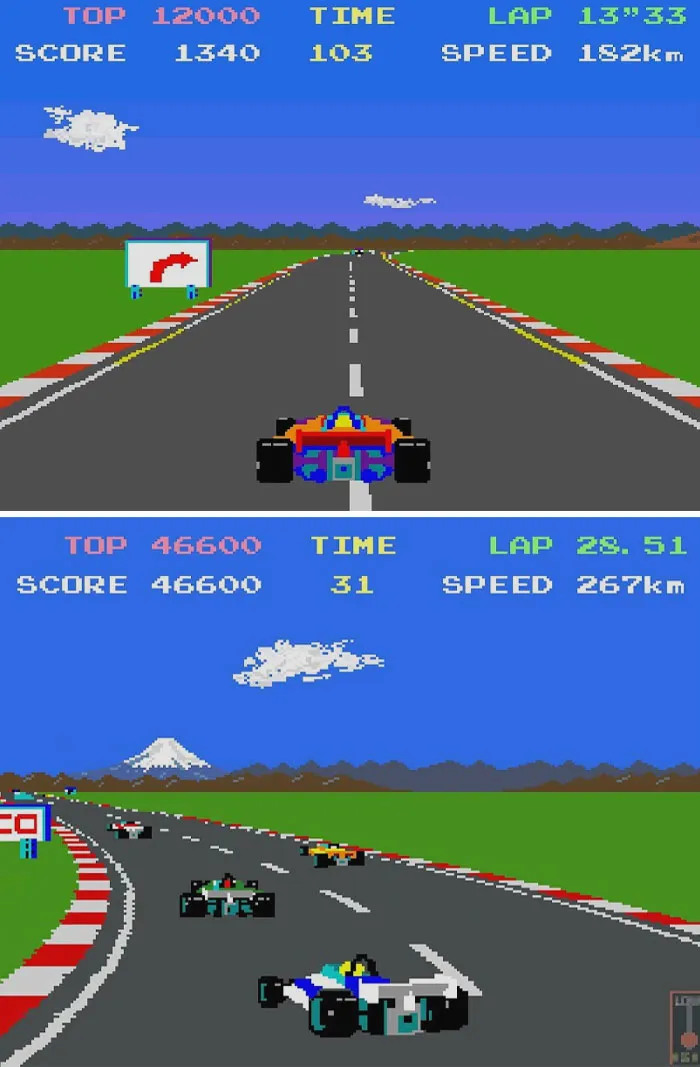 Retro video game featuring pixelated race cars on a winding track, displaying nostalgic graphics and classic gameplay elements.