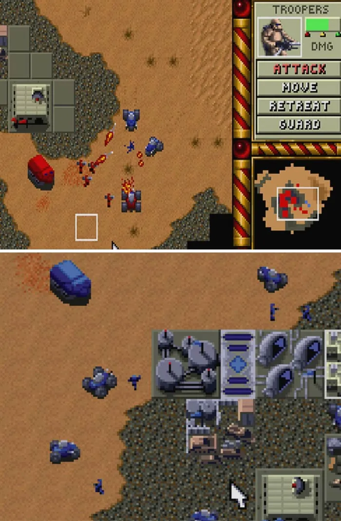 Retro video game screenshot showing pixelated units and terrain in a classic strategy game interface with troop commands.