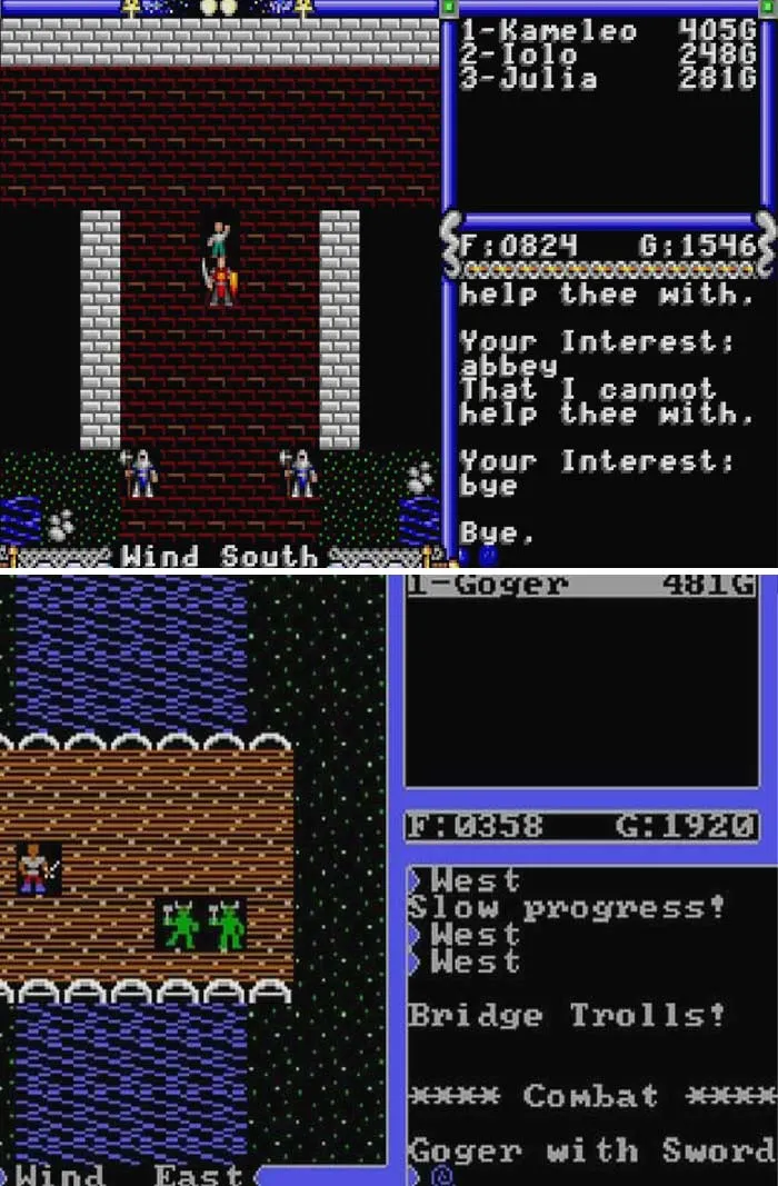 Retro video games gameplay screen with pixelated characters, dialogue, and combat from classic RPG style titles.