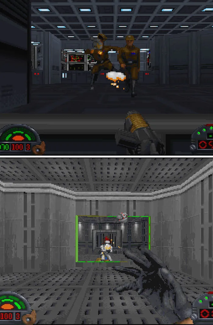 Retro video game screenshots showing first-person shooter gameplay with pixelated enemies in sci-fi environments.
