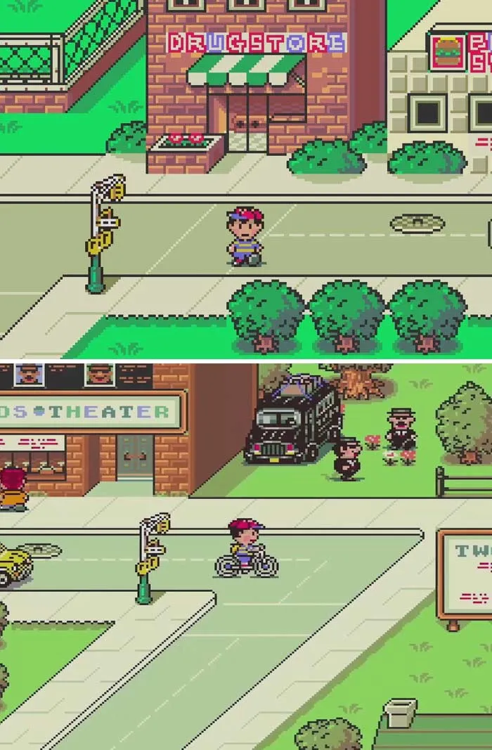 Pixelated scenes from retro video games showing characters on streets and riding a bike in a nostalgic 16-bit style.