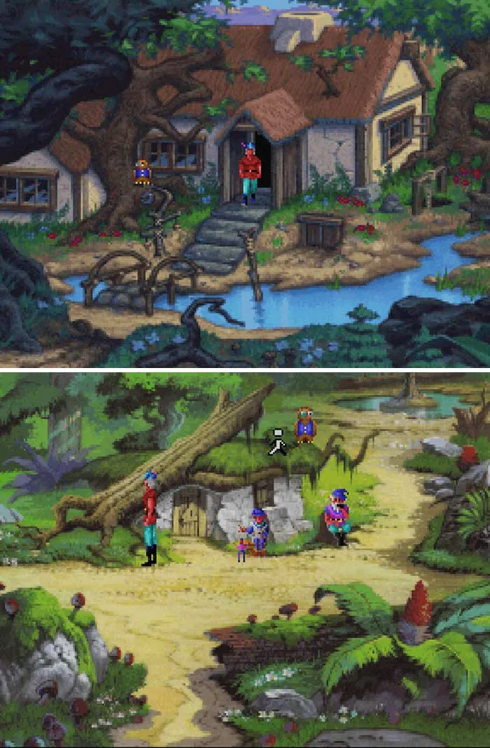 Pixelated scenes from classic retro video games featuring characters in vibrant outdoor village settings by water and forest.