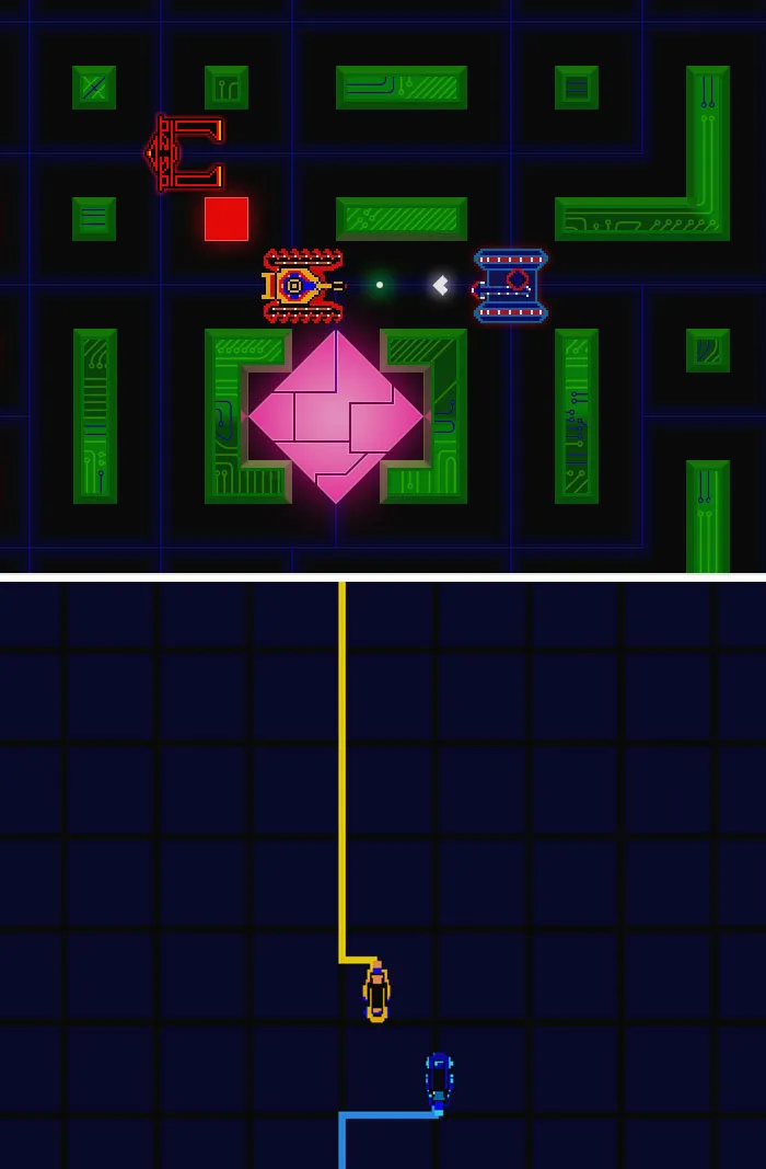 Retro video games screenshot with neon tanks in a maze and digital bikes leaving trails below.